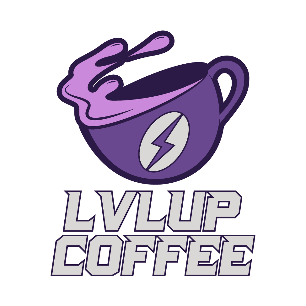 A graphic design featuring a purple coffee mug with a playful splash coming out from the top. The mug has a white lightning bolt symbol on it. Below the mug, the words "LVLUP COFFEE" are displayed in bold, capital letters with a 3D effect. The entire design has a gaming-inspired vibe with its colors and stylization.